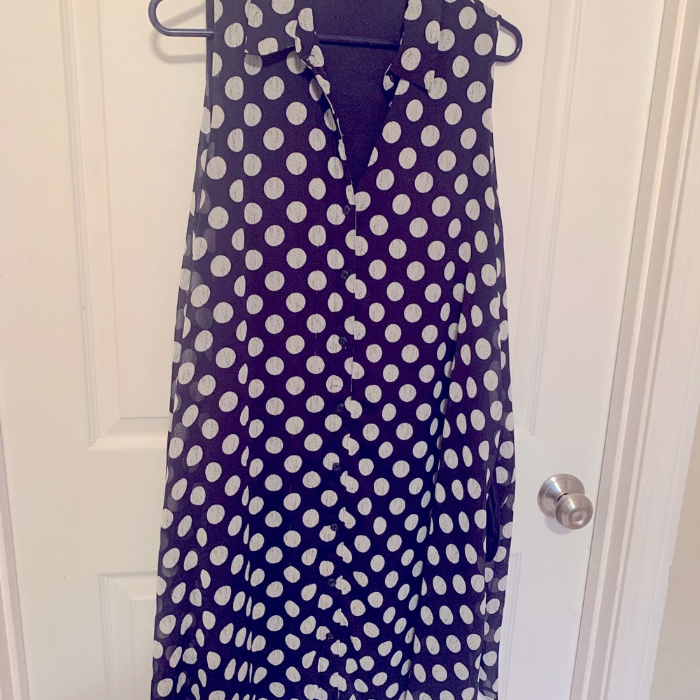 Blue & White Polka Dot Dress with Collar & Pocket